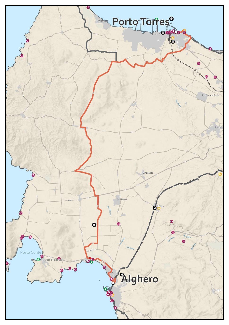 R1 Porto Torres - Alghero Dati itinerario Lunghezza Dislivello in salita Dislivello in discesa Tempo Punti di interesse Aree naturalistiche Difficoltà Attrattività Qualità 53,53 km 328 m 329 m 3 h 34