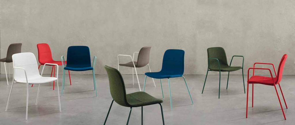 Comfortable single-shell side and armchair, padded and covered in fabric according to the type of base selected: wood; stackable steel