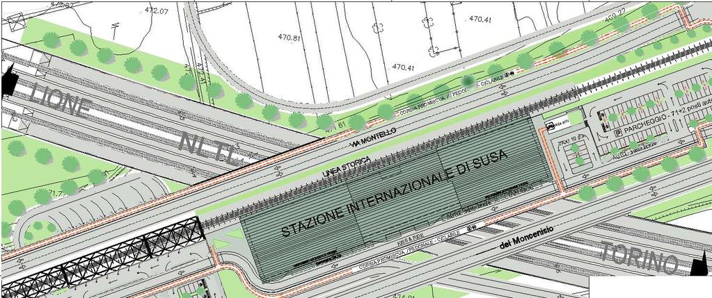 Figura 3: Planimetria Stazione Internazionale di Susa. Lungo la linea nuova saranno realizzate due corsie riservate al servizio viaggiatori.