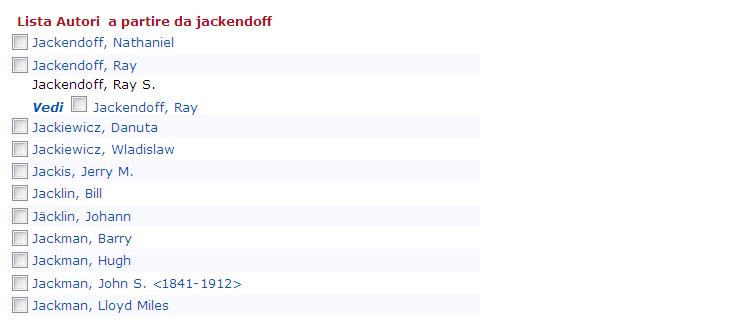 Un esempio inserendo un autore: jackendoff Ecco i risultati che otteniamo: Elenco alfabetico degli autori presenti nel catalogo a partire dal nome
