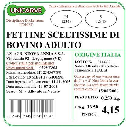 Etichettatura settore carni: etichetta di un preincartato Bollo