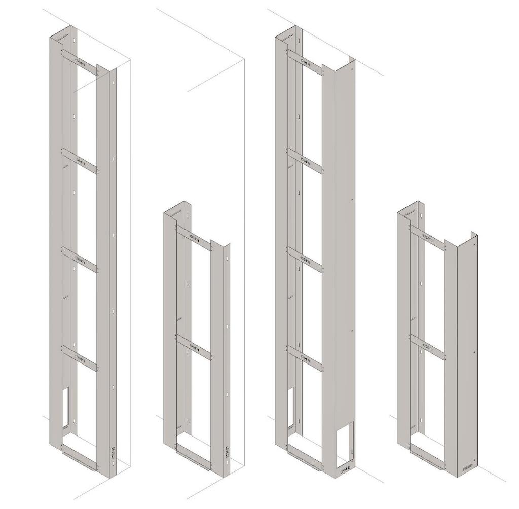 I vani tecnici per i collegamenti pluripiano delle colonne montanti, sono costruiti con profili sagomati, in lamiera zincata da 10/10, possono avere lunghezze e spessori variabili e ad altezza di