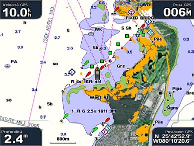 Uso del Radar Informazioni sulla schermata Sovraimpr. Radar L opzione Sovraimpr. Radar consente di sovrapporre le informazioni provenienti dal radar sulla carta di navigazione.