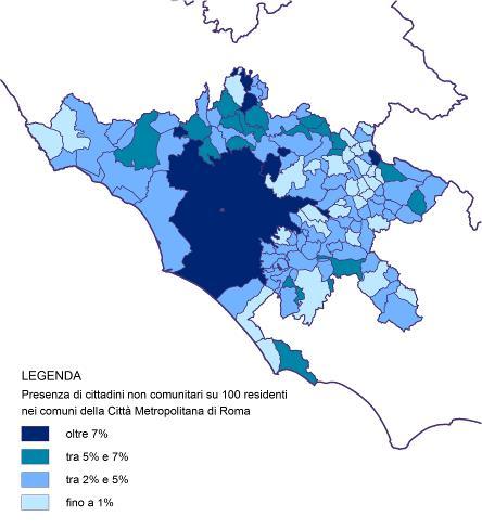 10 2017 - Rapporto Città Metropolitana di Roma Capitale Mappa 1.1.1 Incidenza percentuale della popolazione non comunitaria sul totale dei residenti per comune.