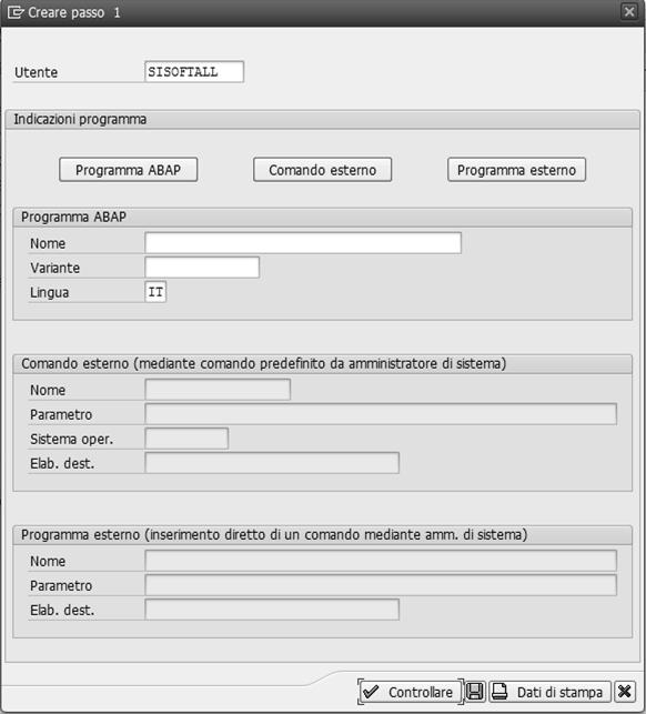 Creazione Job Analizziamo ora la videata Passo.... I tasti Programma ABAP, Comando esterno, Programma esterno servono ad indicare la fonte da cui il Job prende l attività da pianificare.