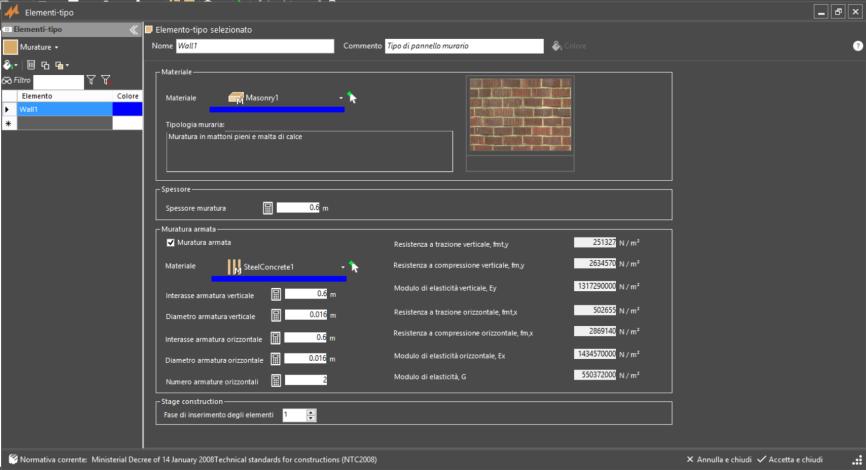 Input Elementi in Muratura Armata E possibile caratterizzare in maniera specifica