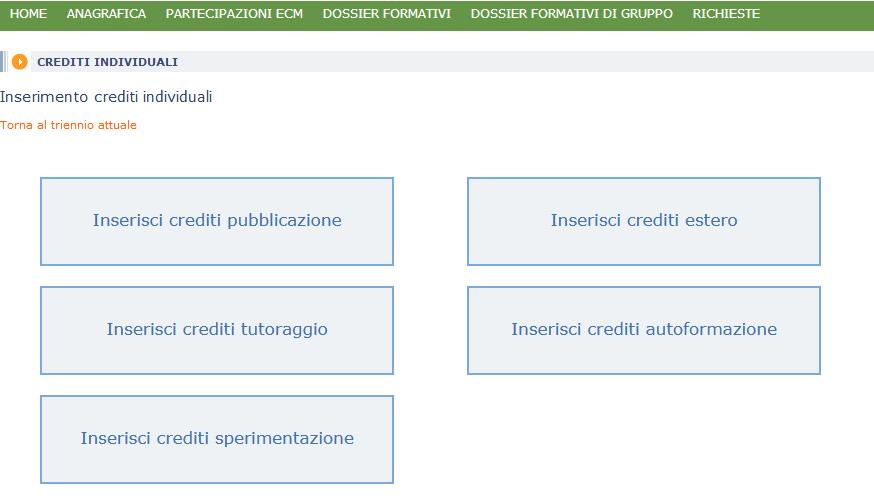 Nella schermata, è possibile selezionare le singole di tipologie di formazione individuale che possono dar luogo al riconoscimento di crediti ECM.
