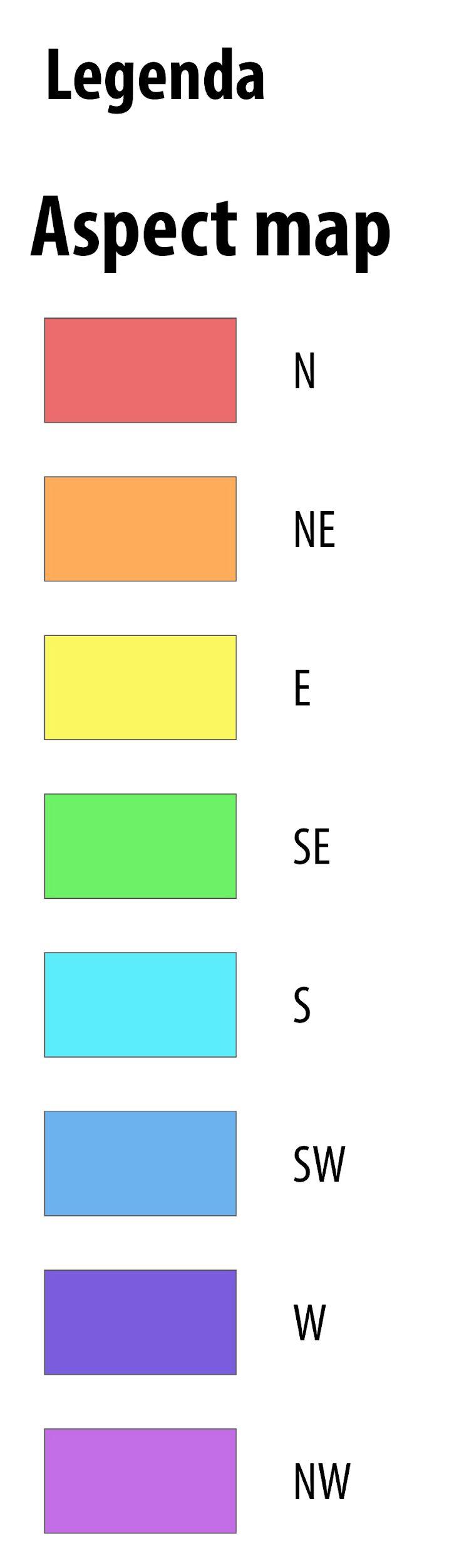 L orientamento dei pendii viene rappresentato da differenti colori.