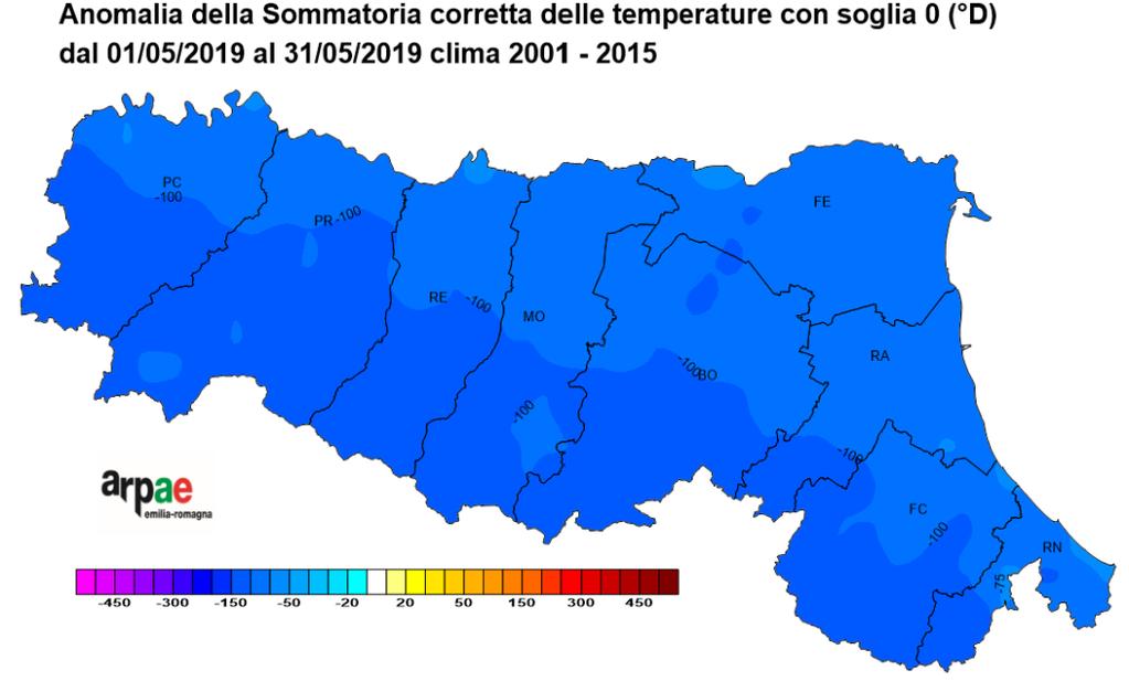 Sommatorie termiche: anomalia rispetto al clima (2001-2015) Soglia 0 C Dal confronto tra le sommatorie termiche del mese con soglia 0 C e quelle del periodo di riferimento si può notare che le