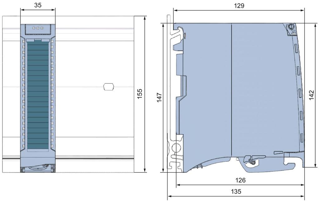 Disegno quotato A L'appendice comprende il disegno quotato del modulo montato su una guida profilata e un disegno quotato con sportellino frontale aperto.