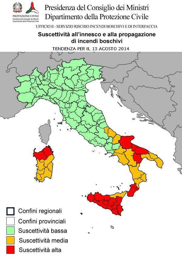 CONDIZIONI DI SUSCETTIVITA' ALL'INNESCO E ALLA PROPAGAZIONE DI INCENDI BOSCHIVI PREVISTE PER IL 13 AGOSTO 2014 BASSA MEDIA ALTA VALLE D'AOSTA PIEMONTE LOMBARDIA TRENTINO A. A. VENETO FRIULI V.