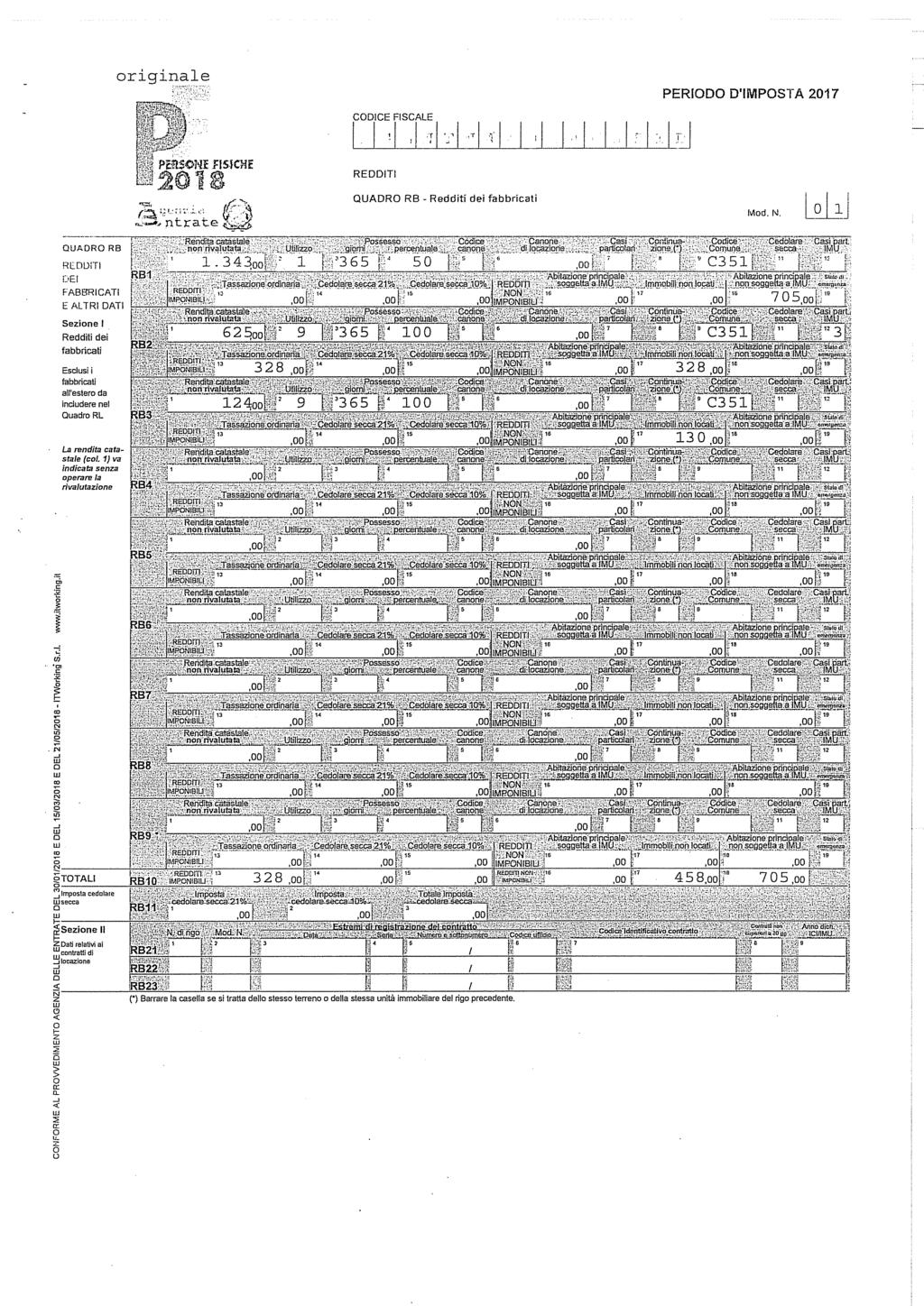 riginale CODICE FISCALE,1rl -'l l I l 1l I I I I I IJ QUADRO RB - Redditi dei fabbricati Md. N.