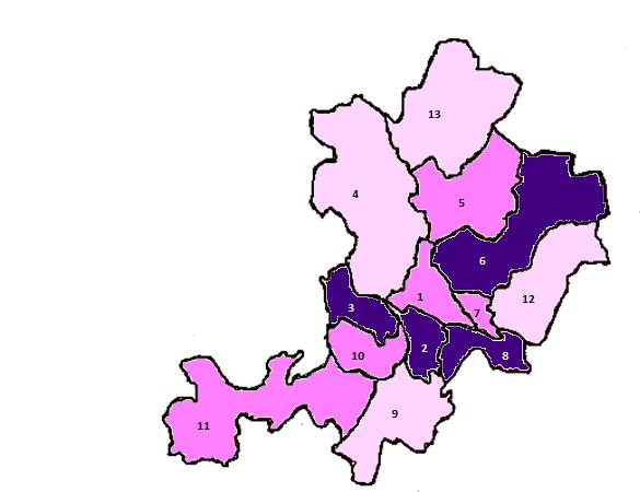 Zona subcomunale 1 Centro storico Porta sole 2 Centro storico Porta San Pietro 3 Stazione/Madonna Alta 4 S. Marco 5 Ponte Pattoli 6 Ponte Felcino 7 Ponte Valleceppi 8 Ponte S.Giovanni 9 S.