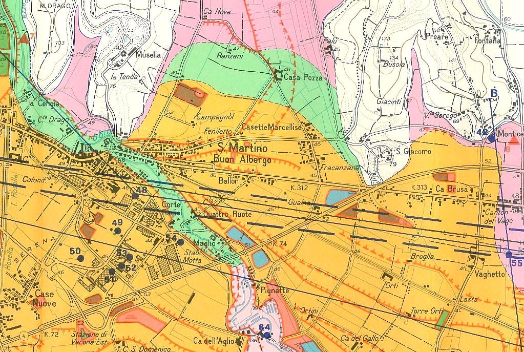 Di seguito si riporta uno stralcio della CARTA GEOMORFOLOGICA DI UNA PORZIONE DI PIANURA A SUD-EST DI VERONA (redatta dal Museo Civico di Storia Naturale di Verona) che consente di osservare i