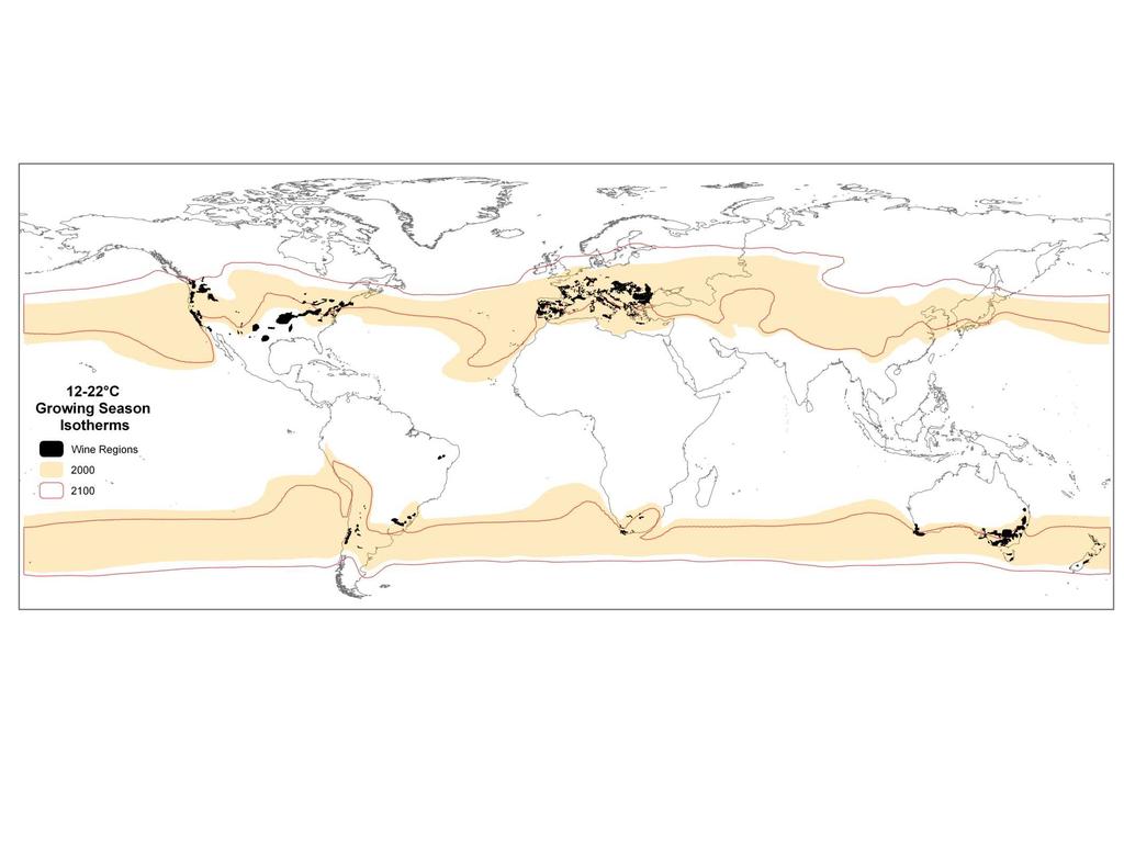 Futuri scenari zone viticole mondiali Isoterme della somma termica (GDD) 12-22 C nel periodo vegetativo Emisfero Nord (Aprile-Ottobre); emisfero Sud (Ottobre-Aprile) A partire dal