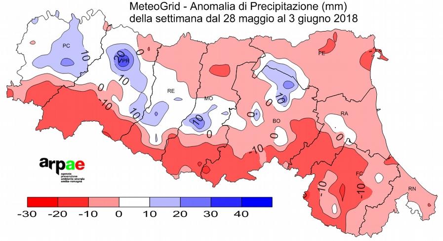 la settimana dal 28 maggio al 3 giugno 2018 -Temperature: superiori alla norma, mediamente tra 2 e 4 C con massime prossime a 30 C tra venerdì 1 e domenica 3 giugno.