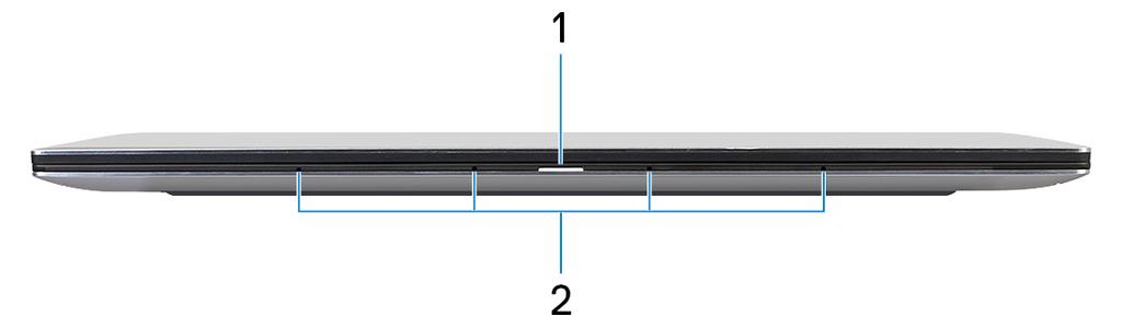 3 Viste di XPS 9380 Parte anteriore 1 Indicatore di stato dell'alimentazione e della batteria Indica lo stato dell'alimentazione e della batteria del computer.