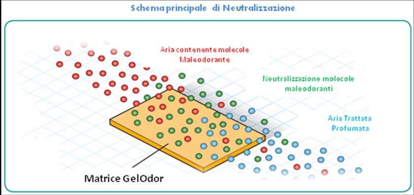 GelOdor è una matrice polimerica contenente agenti attivi che vengono rilasciati secondo il modello di spettro a diffusione lineare ed in grado di rimanere attivo vari mesi.