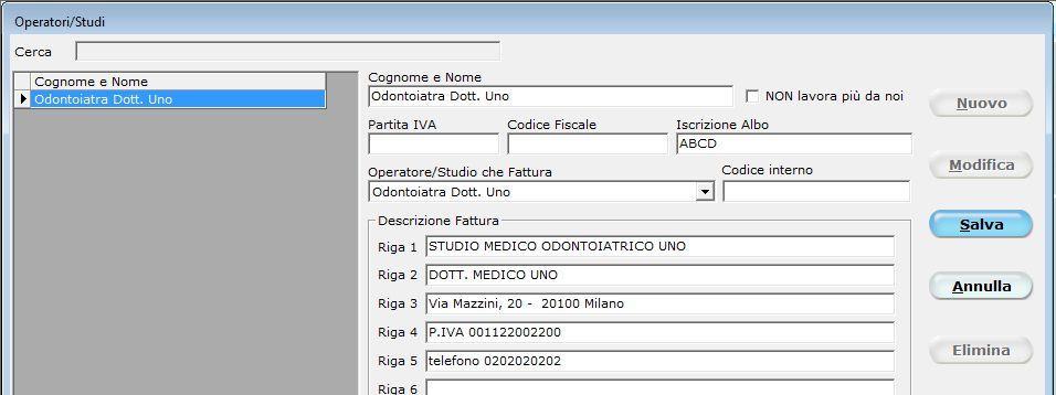 Nelle righe Descrizione fattura inserite l intestazione dello studio. Queste informazioni saranno stampate nei documenti preventivi e fatture.