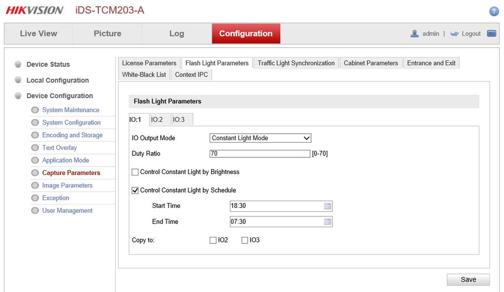 >Configurazione parametri illuminatore IR.