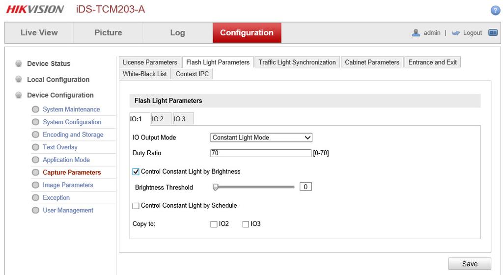 Configurare solo l uscita di controllo IO:1 >Configurazione parametri telecamera di contesto. NB: La telecamera ids-tcm203 l integrazione con una telecamera di contesto Modello Hikvision.