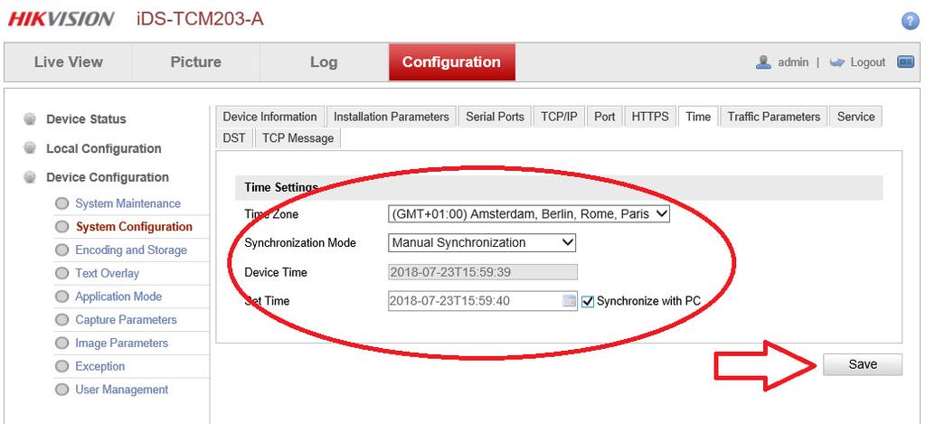 Selezionare il tab Time per impostare la data ora della telecamera, selezionare il corretto fuso orario su Time