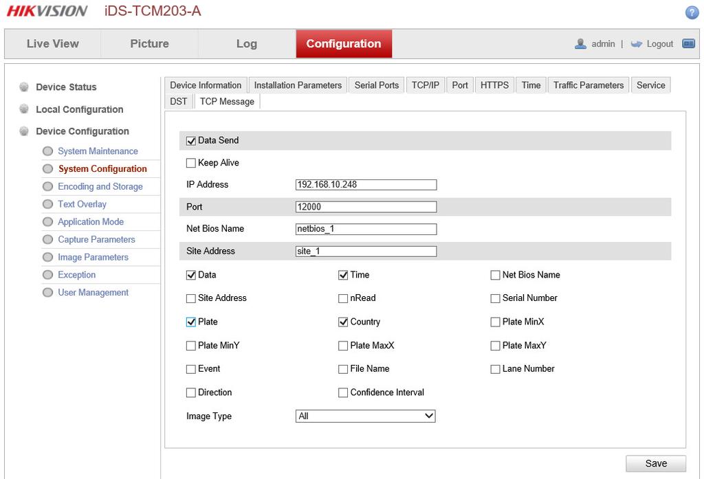>Impostazione invio TCP Message Selezionare il tab TCP Message per abilitare la funzione.
