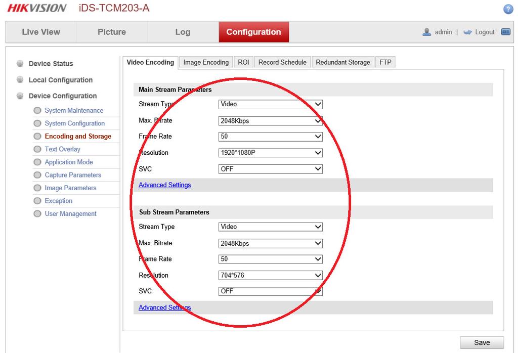 ids-tcm203-a Impostazione parametri di codifica A partire dalla pagina web premere il pulsante Configuration, e