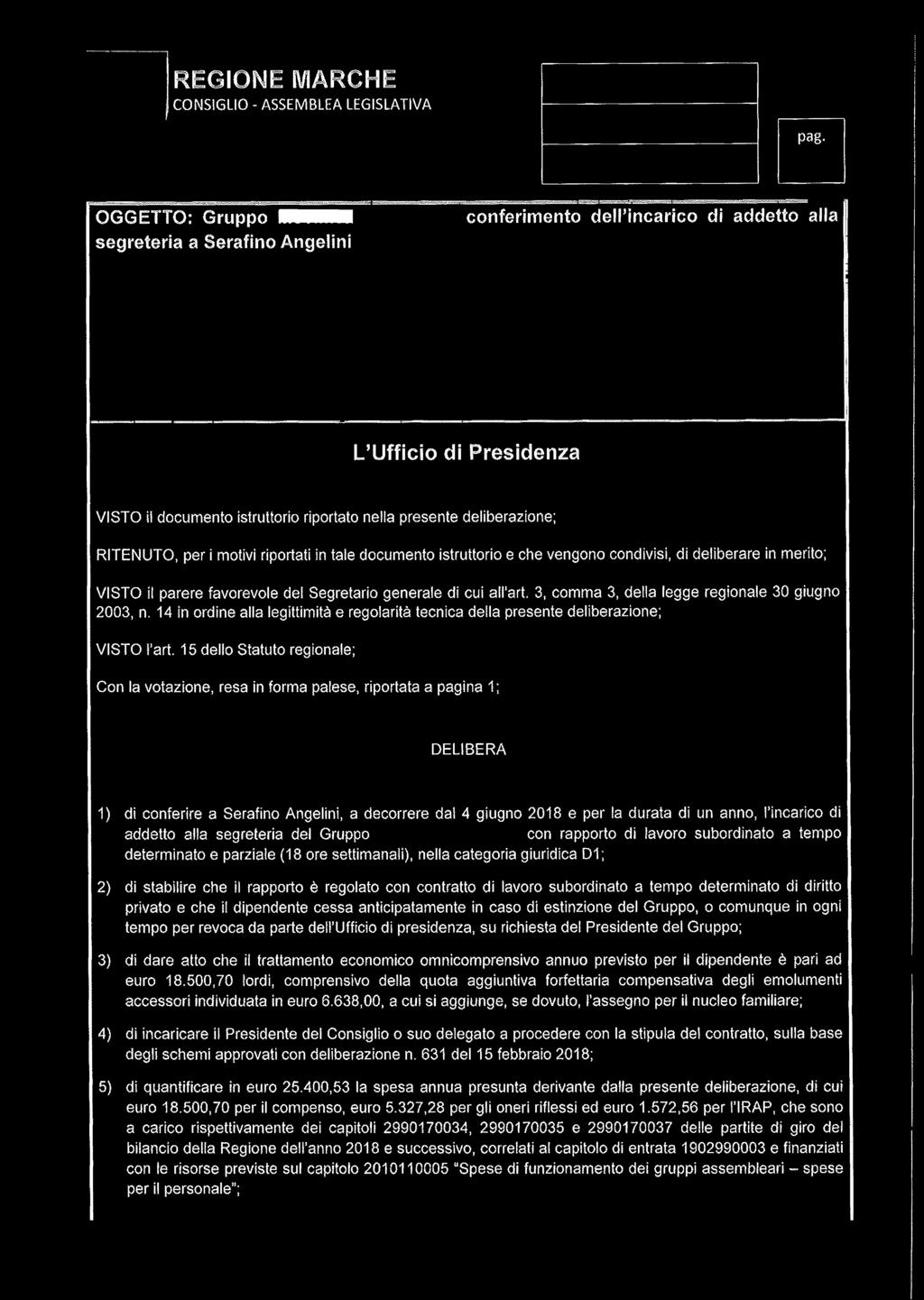 per i motivi riportati in tale documento istruttorio e che vengono condivisi, dì deliberare in merito; VISTO il parere favorevole del Segretario generale di cui all'art.