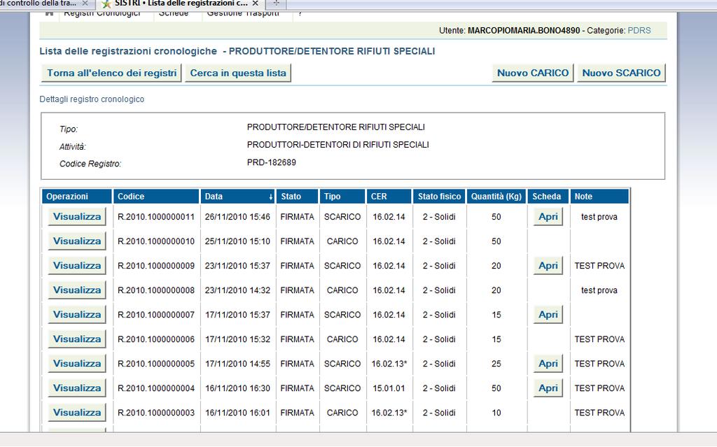 Sezione "Registro cronologico" Firma