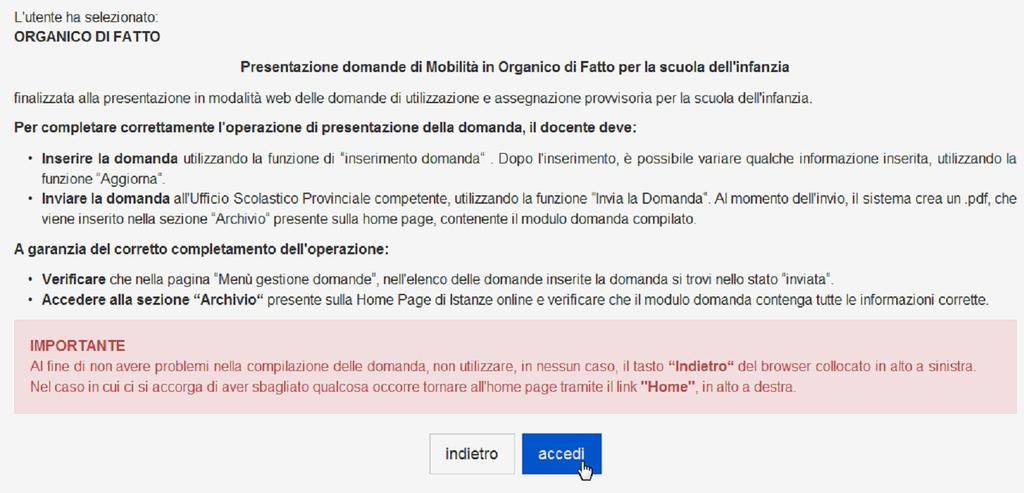 Dopo aver selezionato il pulsante Vai alla compilazione appare la pagina di istruzioni: Leggere attentamente le informazioni