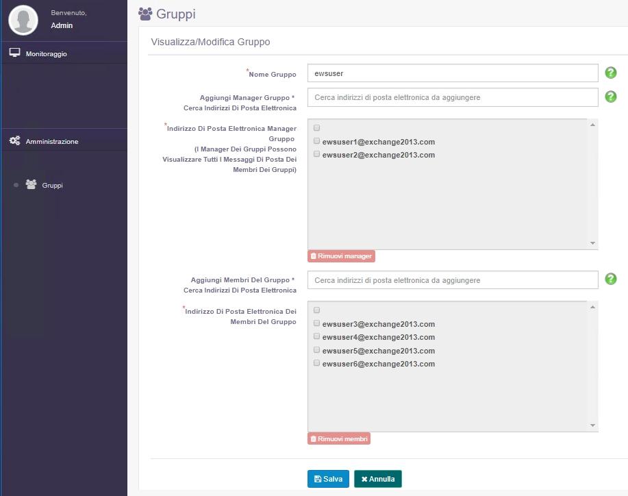 Amministrazione Gestione dei gruppi Grazie ai gruppi, l amministratore concede l accesso a uno o più manager dei gruppi per la visualizzazione di tutti i messaggi provenienti dai membri del gruppo.