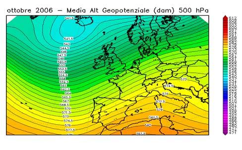 Figura 9. Ottobre novembre 2006, altezza di geopotenziale a 500 hpa e anomalia rispetto alla climatologia.