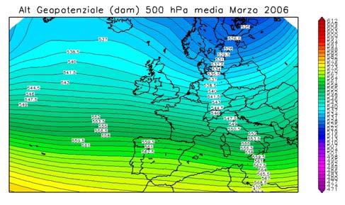 Figura 3. Marzo 2006, altezza di geopotenziale a 500 hpa: media per l anno 2006 e anomalia rispetto alla climatologia.