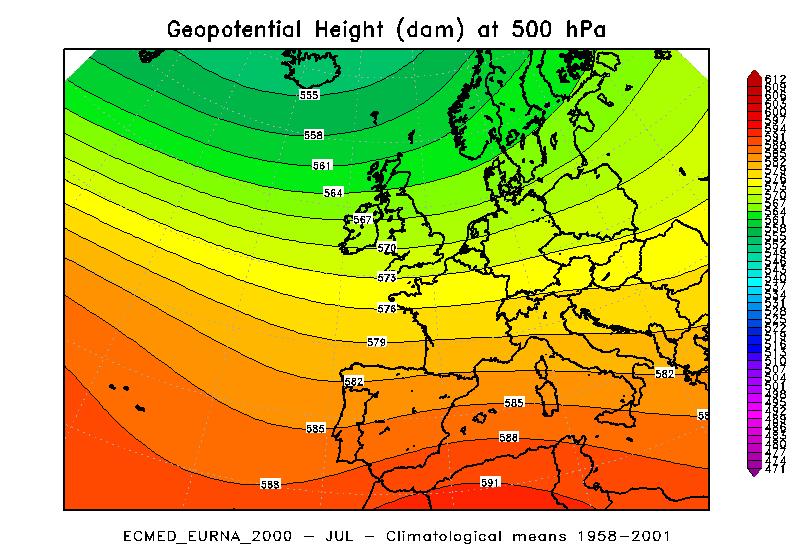 Figura 6 - geopotenziale a 5 hpa del mese di Luglio nell anno 29 (a sinistra), a confronto con il periodo climatico 1957-22 (al centro), e loro differenza (a destra) Nel mese di Luglio la saccatura