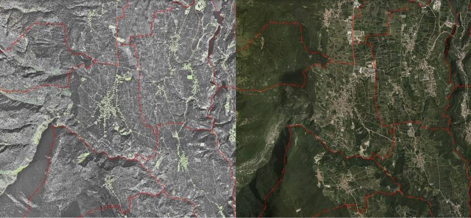 Affiancamento di due ortofoto relative agli anni 1973 e 2015.