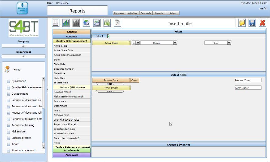 Reporting Tutte le informazioni del processo di QRM sono sintetizzabili tramite il modulo Reporting,