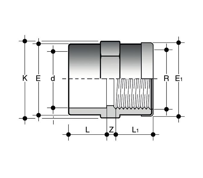 MIMC Manicotto estremità d a bicchiere per incollaggio, estremità r femmina filettata BSP con anello di rinforzo in Acciaio INOX d x R PN E E 1 K L L 1 Z g Codice 16 x 3/8" 16 23,5 24,5 24 14 11,4