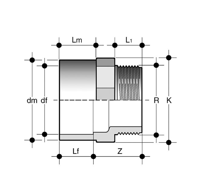 MIMC040114 50 x 1"1/2 16 61 62 61 31 21,4 8 109 MIMC050112 63 x 2" 16 76 77 76 38 25,7 7,5 196 MIMC063200 KIFC Adattatore di passaggio estremità df a bicchiere per incollaggio, dm maschio per