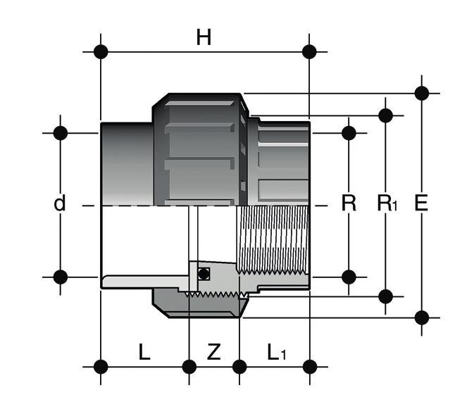 BIFC Bocchettone estremità d a bicchiere per incollaggio, estremità R femmina filettata BSP, guarnizione O-ring in EPDM d x R R 1 PN E H L L 1 Z g Codice 16 x 3/8" 3/4" 16 33 41 14 11,4 15,6 25