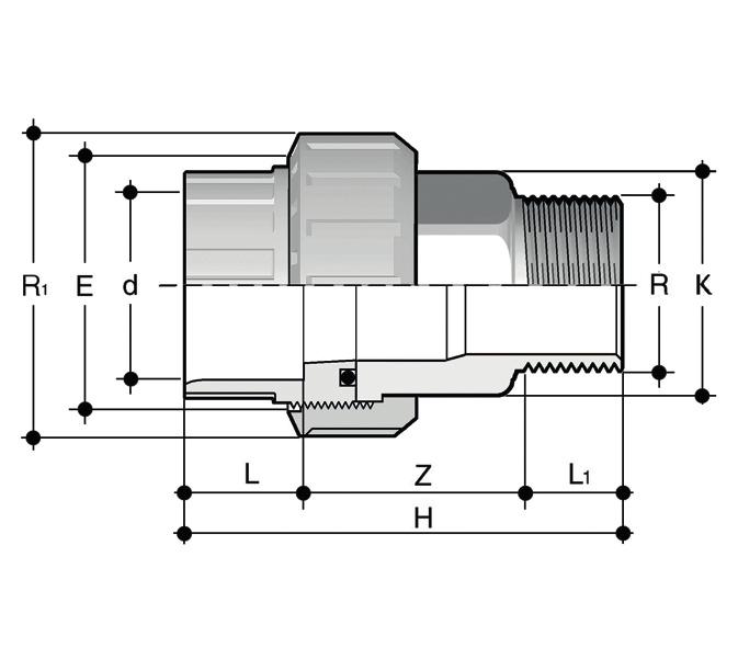 BIFXC Bocchettone di passaggio PVC-C/Acciaio INOX, con estremità d a bicchiere per incollaggio, estremità R femmina filettata BSP in Acciaio INOX, guarnizione O-Ring in EPDM o FKM d x R R 1 PN E H K