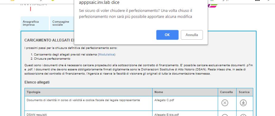 conferma prima della chiusura del perfezionamento