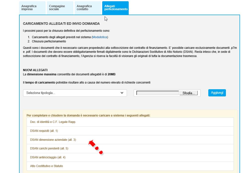 In questa pagina, saranno elencati gli allegati obbligatori da caricare per completare il perfezionamento, e saranno diversi per società costituta o non