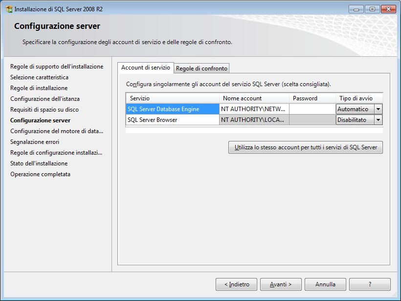 Configurazione del motore di database: Selezionare modalità mista ed inserire