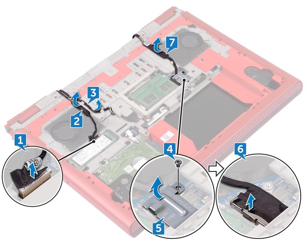 7 Rimuovere il cavo dello schermo dalle guide di instradamento collocate sulla base del computer, quindi rimuoverlo