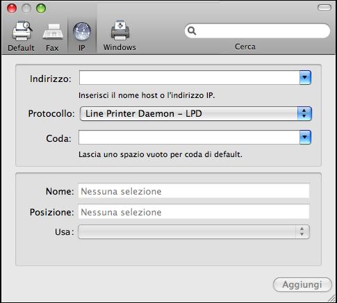 MAC OS 43 PER AGGIUNGERE UNA STAMPANTE CON IL COLLEGAMENTO IP 1 Fare clic sull icona IP nella finestra di dialogo.