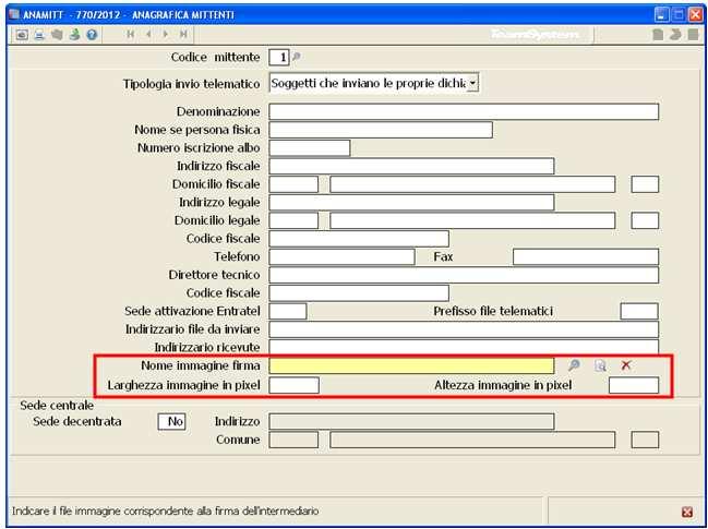 ANAMITT Anagrafica mittenti Nella tabella Anagrafica mittenti (ANAMITT) sono stati introdotti i seguenti nuovi campi: Nome immagine firma In tale campo è possibile indicare la denominazione di un