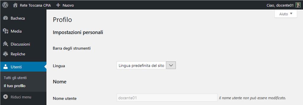 Un utente studente ha funzionalità estremamente limitate, in pratica dal proprio pannello di gestione può gestire esclusivamente le proprietà del proprio profilo, cioè le informazioni di base quali