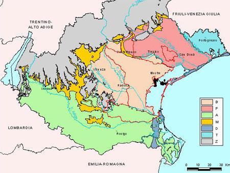 Figura 3.2 - Sistemi deposizionali (distretti) della pianura veneta - In rosso il limite del bacino scolante in laguna di Venezia.