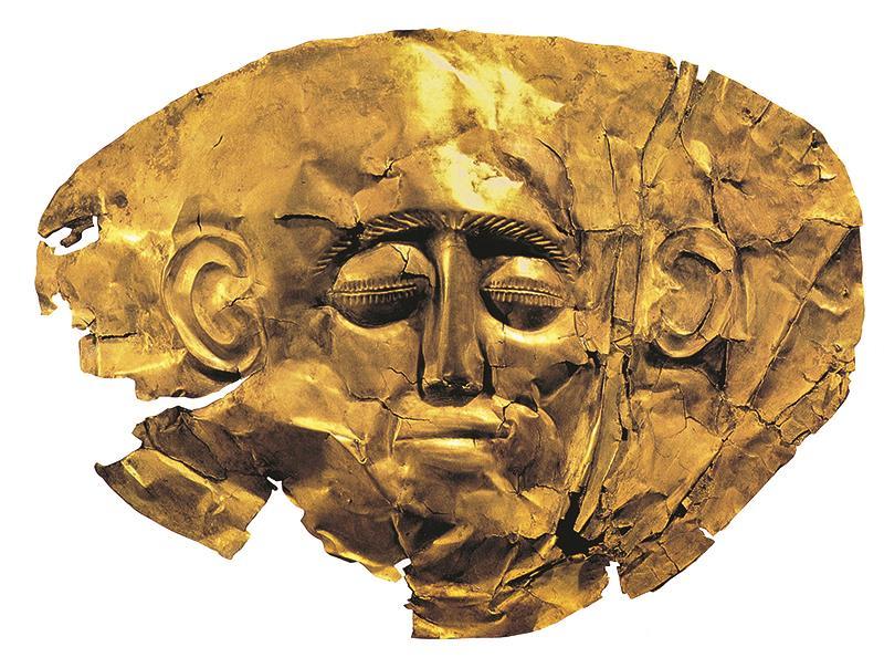 Maschere funebri: Maschera di Agamennone risale al 1600-1500 a.c. circa, Miceneo antico. è realizzata in lamina d oro, proveniente da Micene.